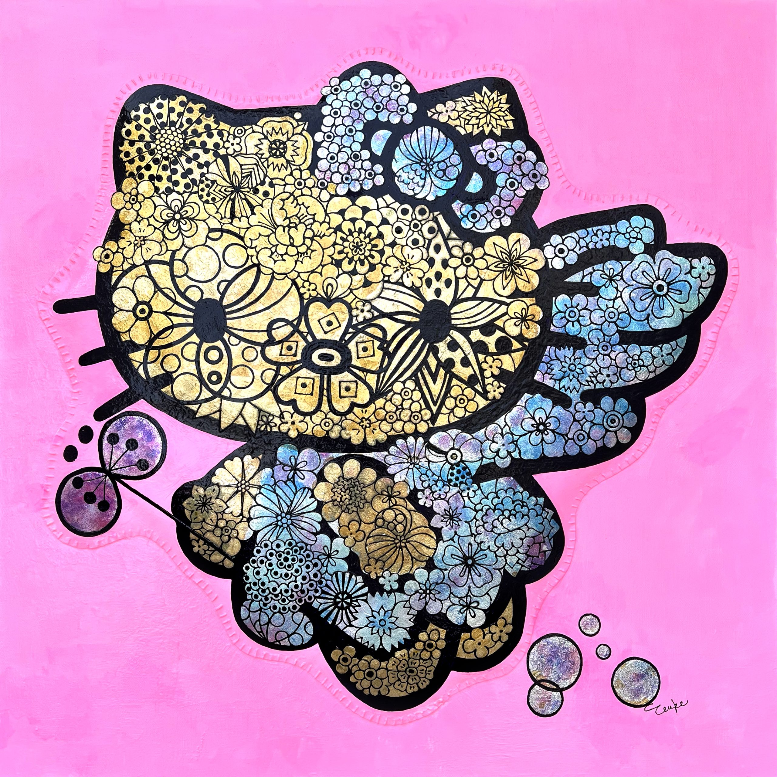 《HAPPY ANGEL HELLO KITTY》ミクストメディア、キャンバス / 100×100ｃm