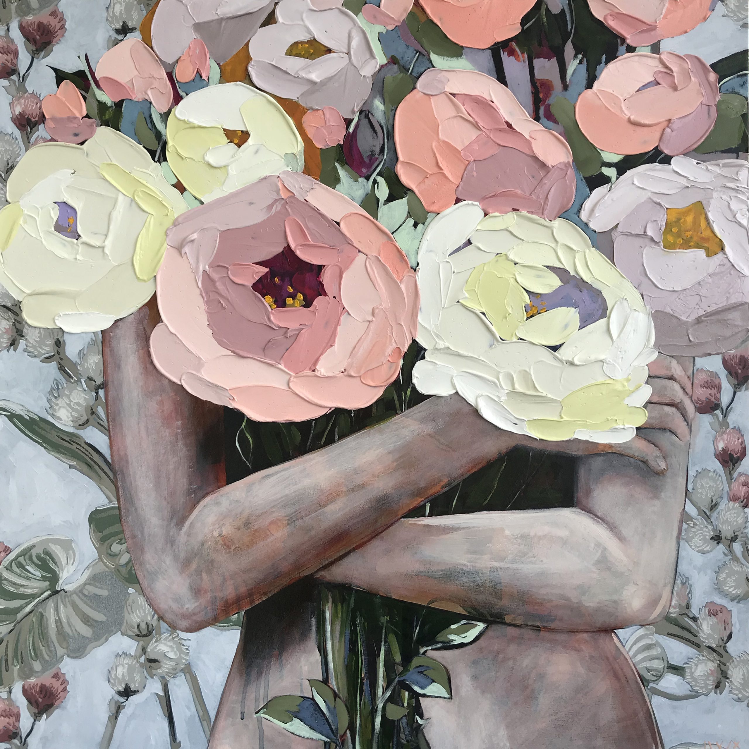 《The Earth Laughs in Flowers / ジ アース ラフズ イン フラワーズ》2020年 / 油彩、エナメル、紙、パネル / 46×46cm