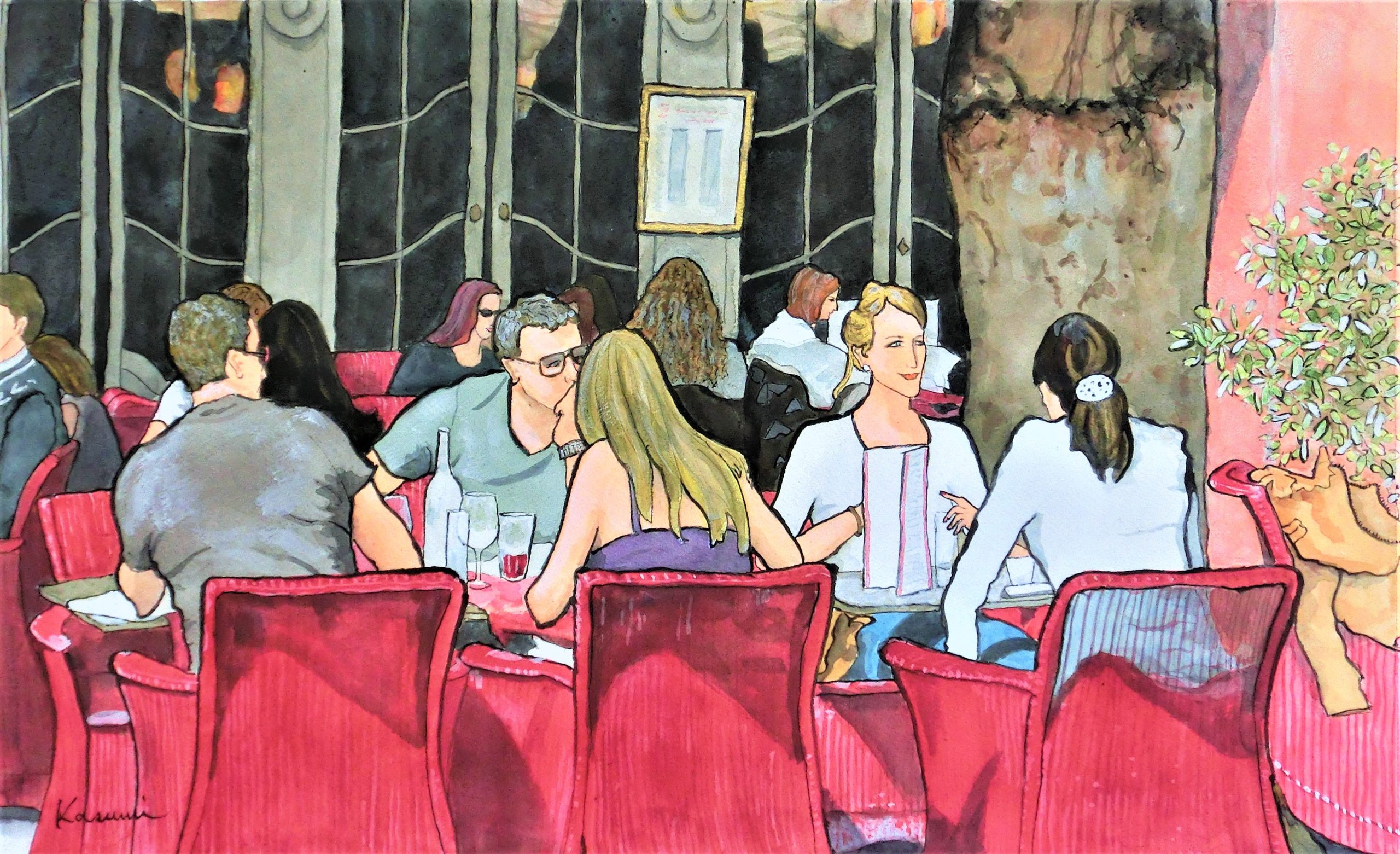 《エクサンプロヴァンスのカフェ》2015年 / アクリル、墨、マーメイド紙 / 44×72ccm