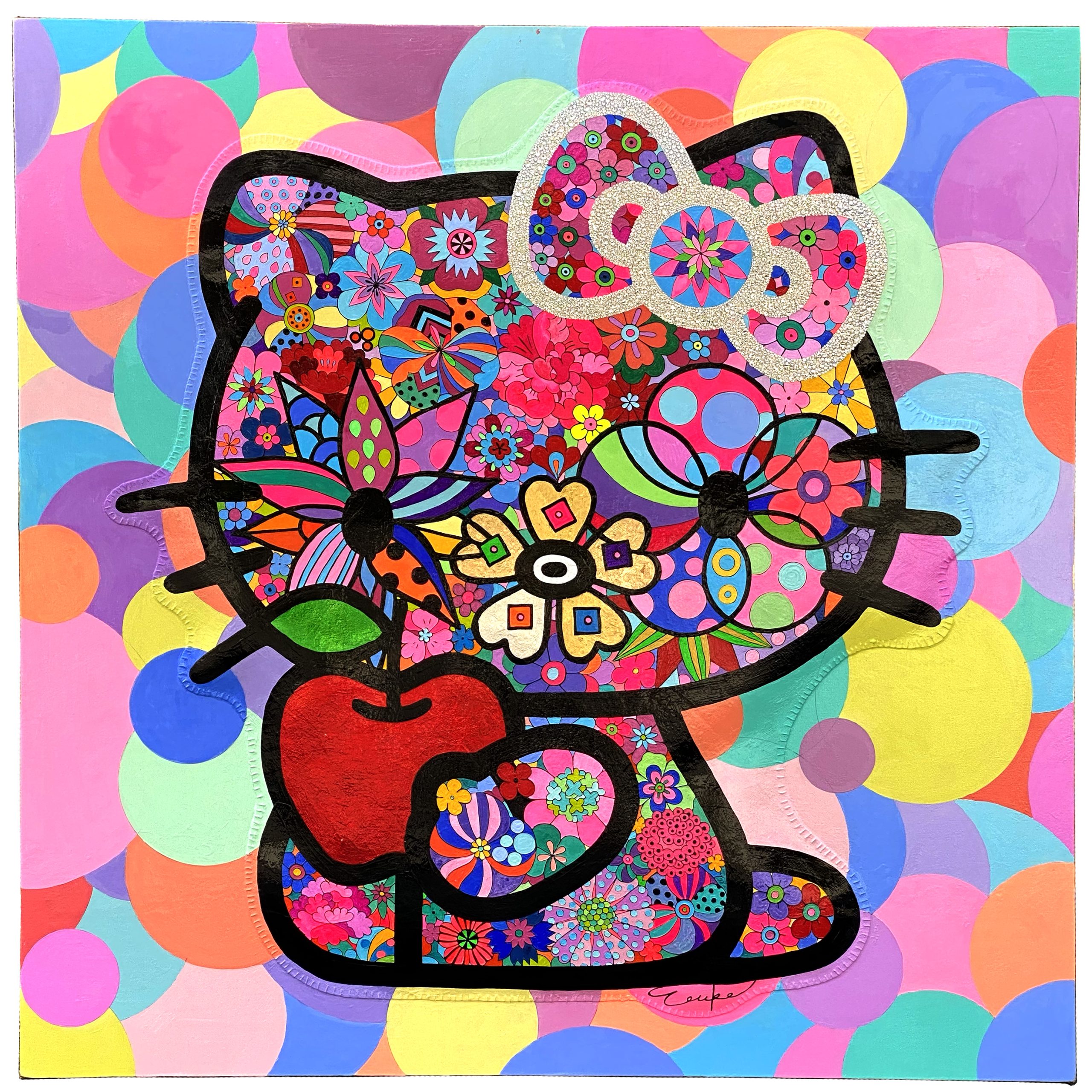 《LOVE & PEACE HELLO KITTY DOTS》ミクストメディア、キャンバス / 100×100cm