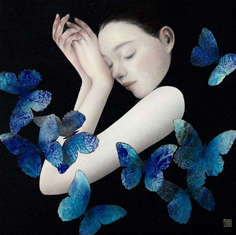 《Nocturne》岩絵具、麻紙、コラージュ / S4号