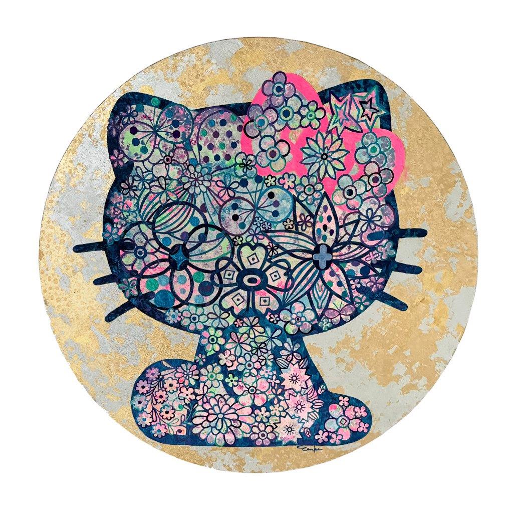 《Playful Hello Kitty》ミクストメディア、キャンバス / 直径70cm