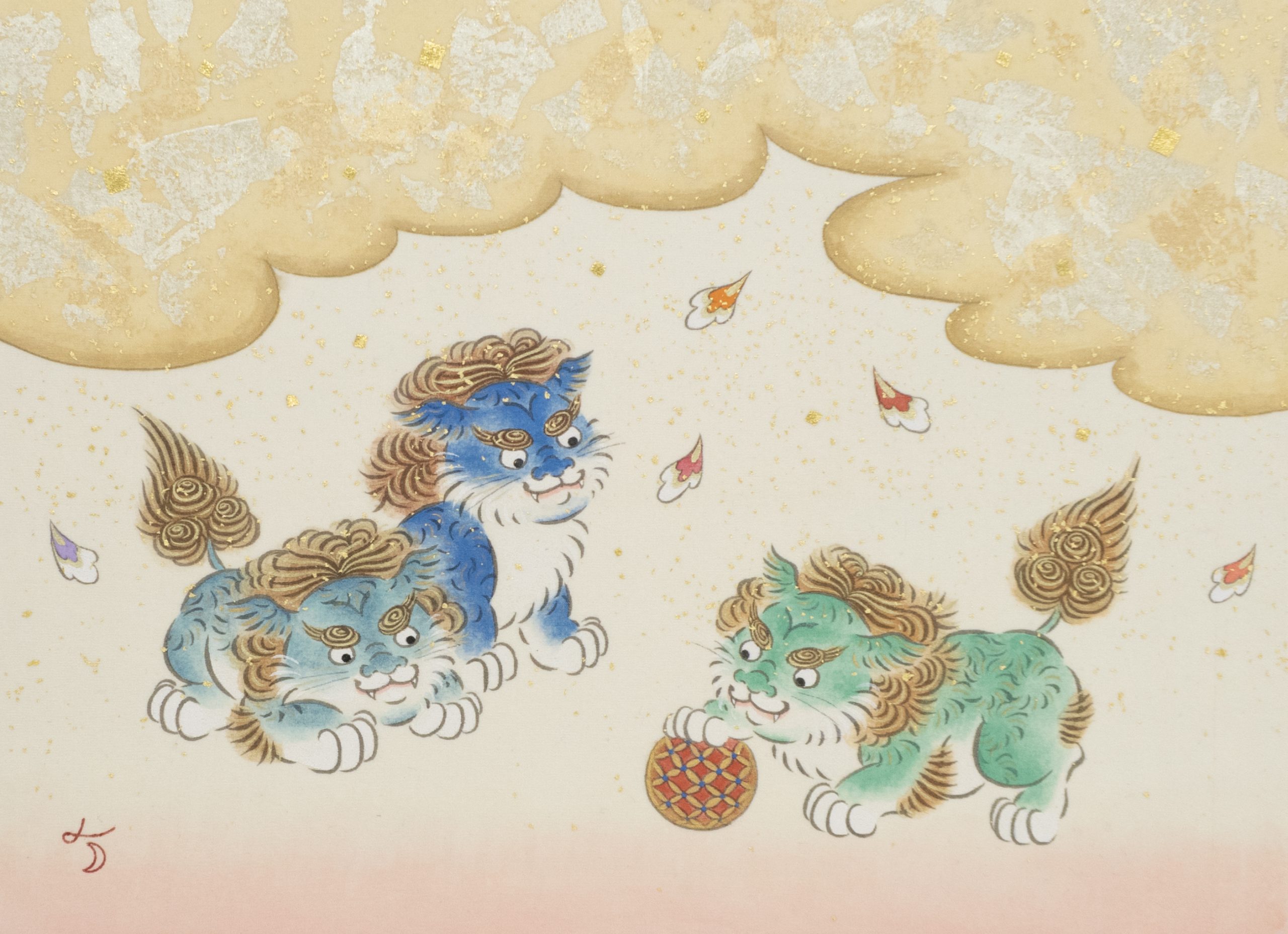 《獅子の子、手毬》絹本彩色 / 24×33cm