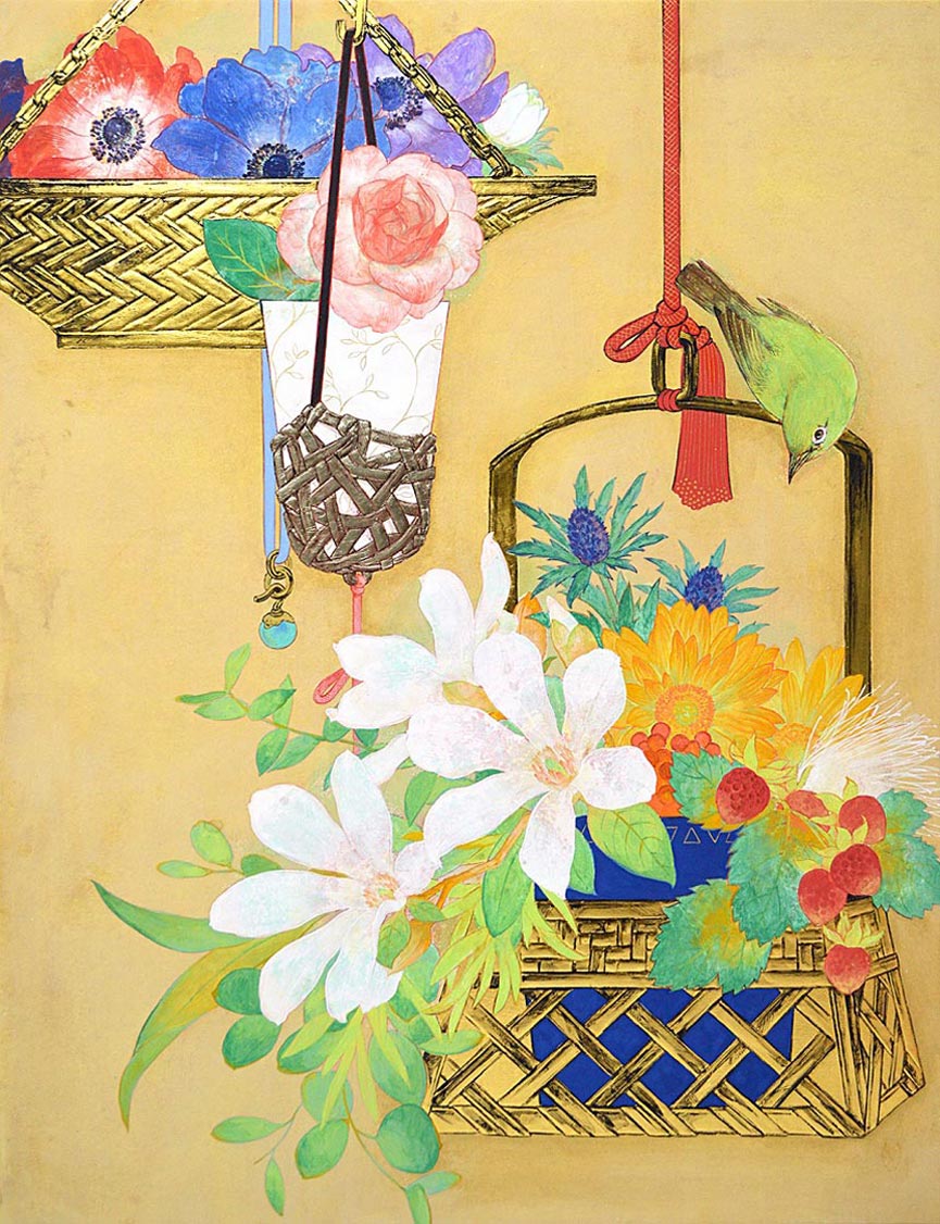 《花に惑う》紙本着彩（和紙に金箔、岩絵具） / 145×70cm