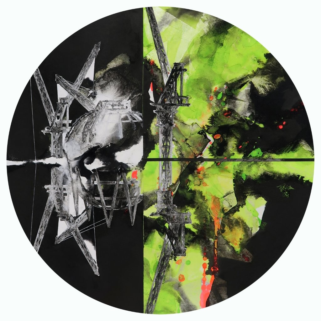 《Green Circle》土佐⿇紙、銀箔、墨、岩絵具　円形8号