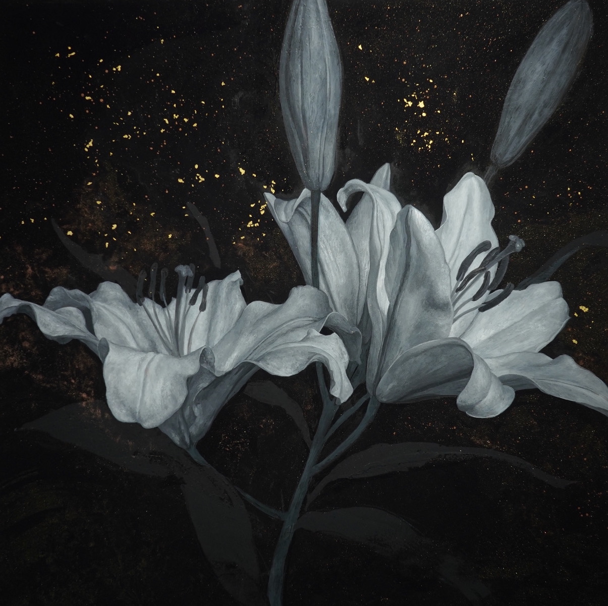 《夜明けを待つ》アクリル・岩絵具・金箔・パネル / 53×53㎝